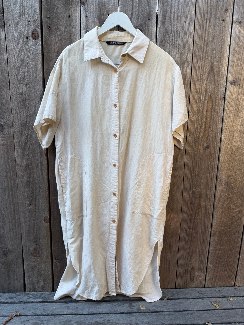 Zara Cream linen / cotton Short-Sleeve Button-Down tunic